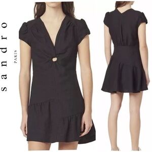 Sandro Paris Ronald CutOut Gathered Twill Linen Blend Mini Dress In Black, 38/M